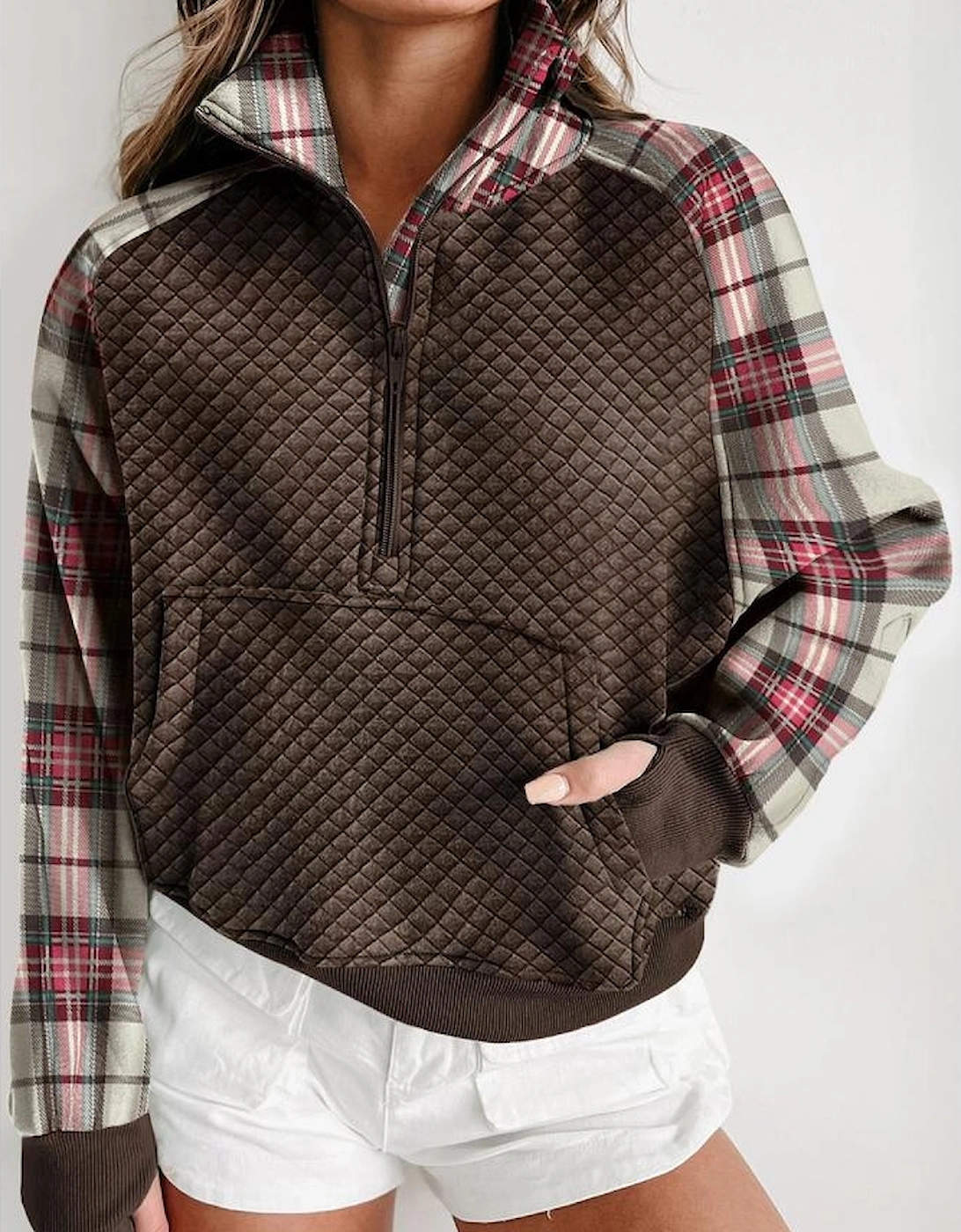 Khaki Printed Plaid Sleeve Patchwork Collared Textured Sweatshirt
