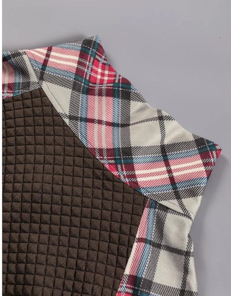 Khaki Printed Plaid Sleeve Patchwork Collared Textured Sweatshirt