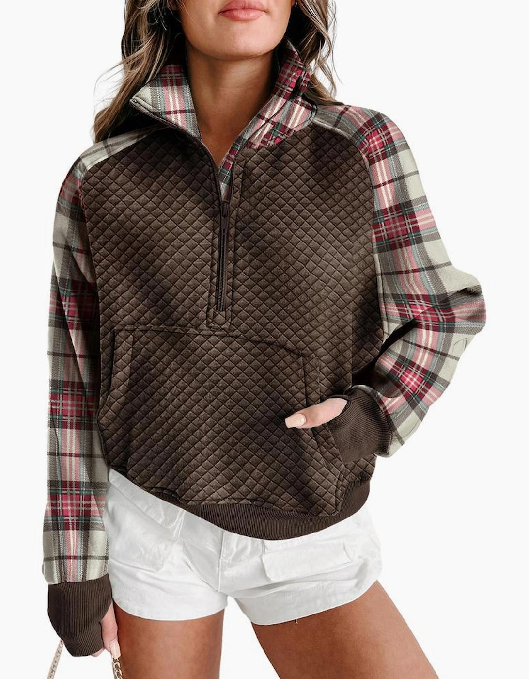 Khaki Printed Plaid Sleeve Patchwork Collared Textured Sweatshirt