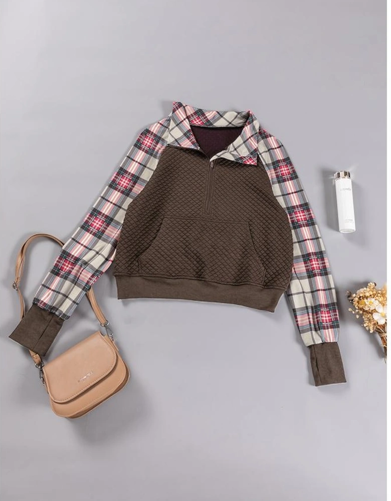 Khaki Printed Plaid Sleeve Patchwork Collared Textured Sweatshirt