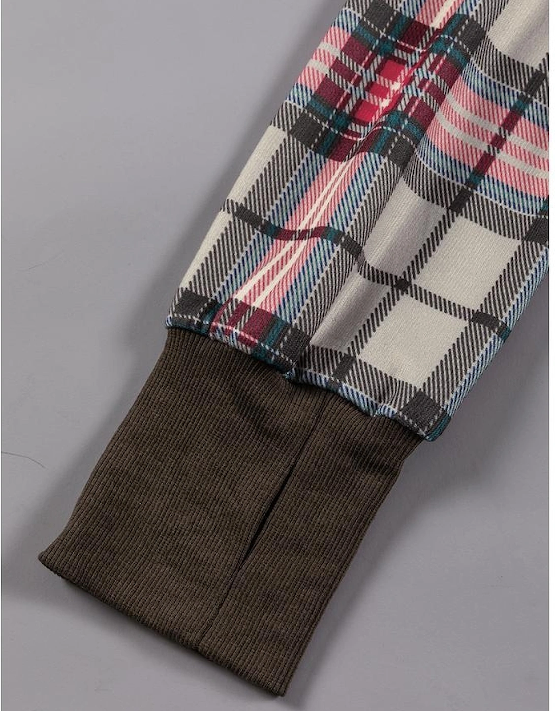 Khaki Printed Plaid Sleeve Patchwork Collared Textured Sweatshirt