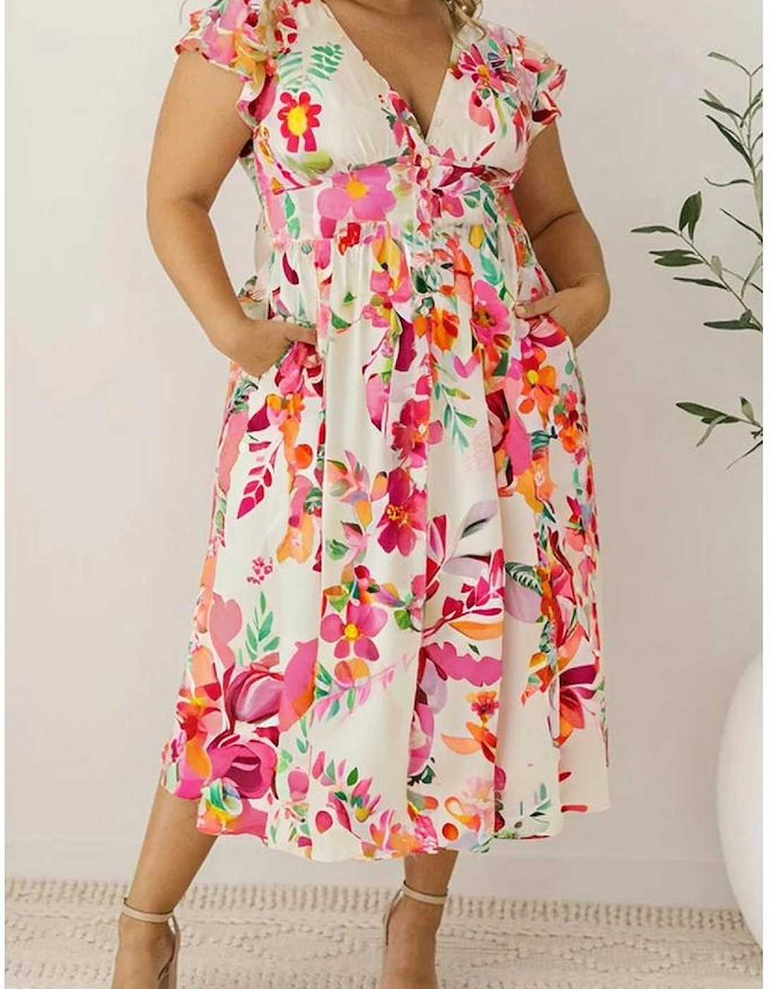 Pink Floral Print V Neck Ruffle Sleeve Plus Size Midi Dress