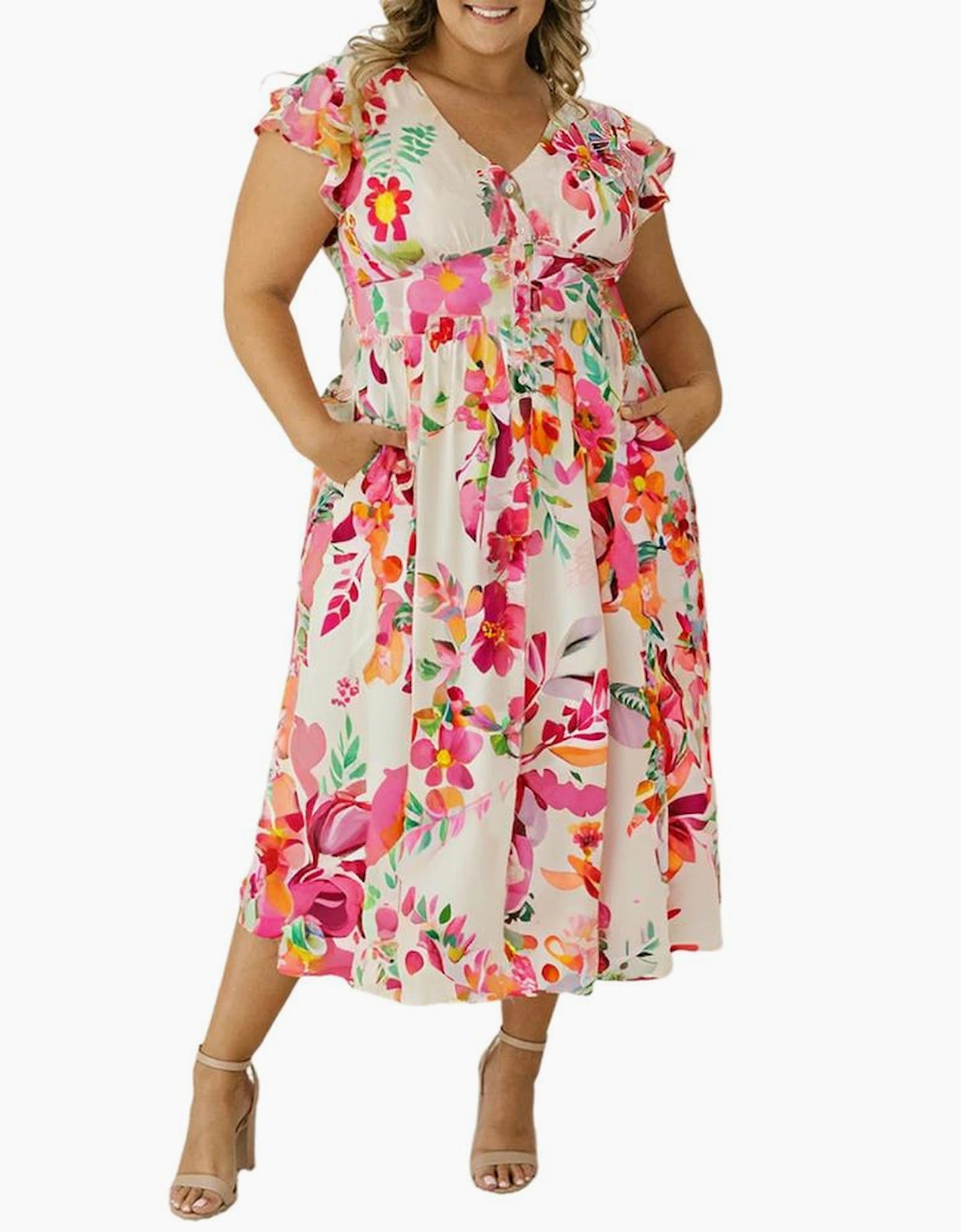 Pink Floral Print V Neck Ruffle Sleeve Plus Size Midi Dress, 3 of 2