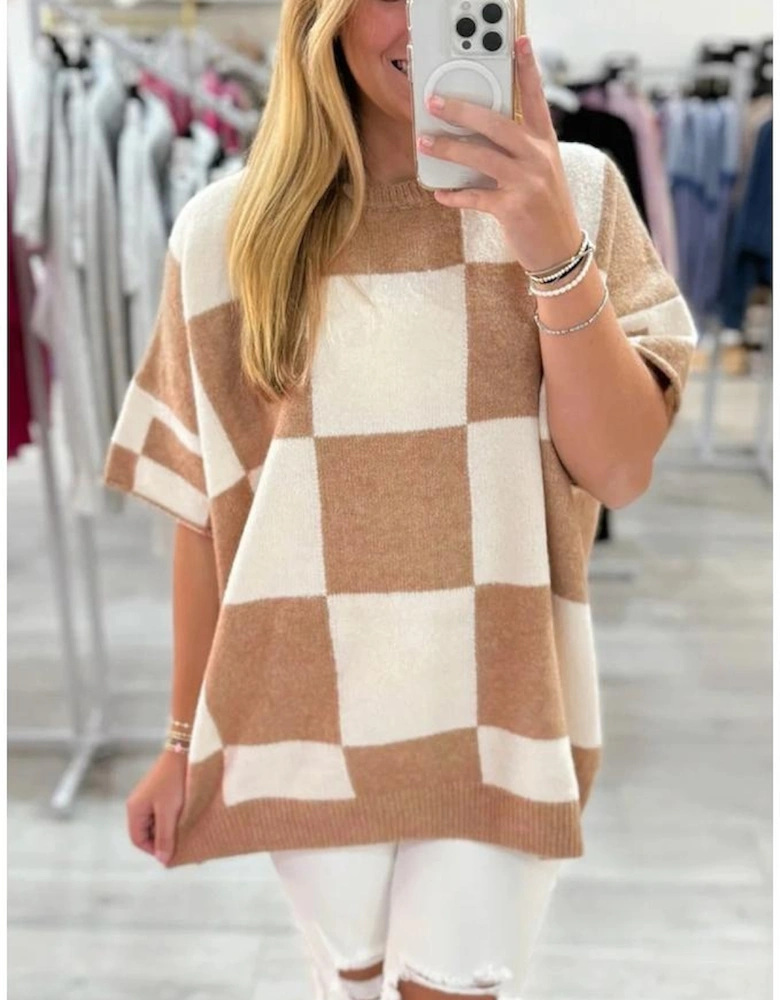 Light French Beige Checkered Pattern Loose Drop Shoulder Half Sleeve Sweater