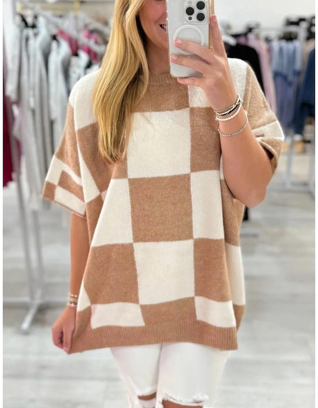 Light French Beige Checkered Pattern Loose Drop Shoulder Half Sleeve Sweater, 5 of 4