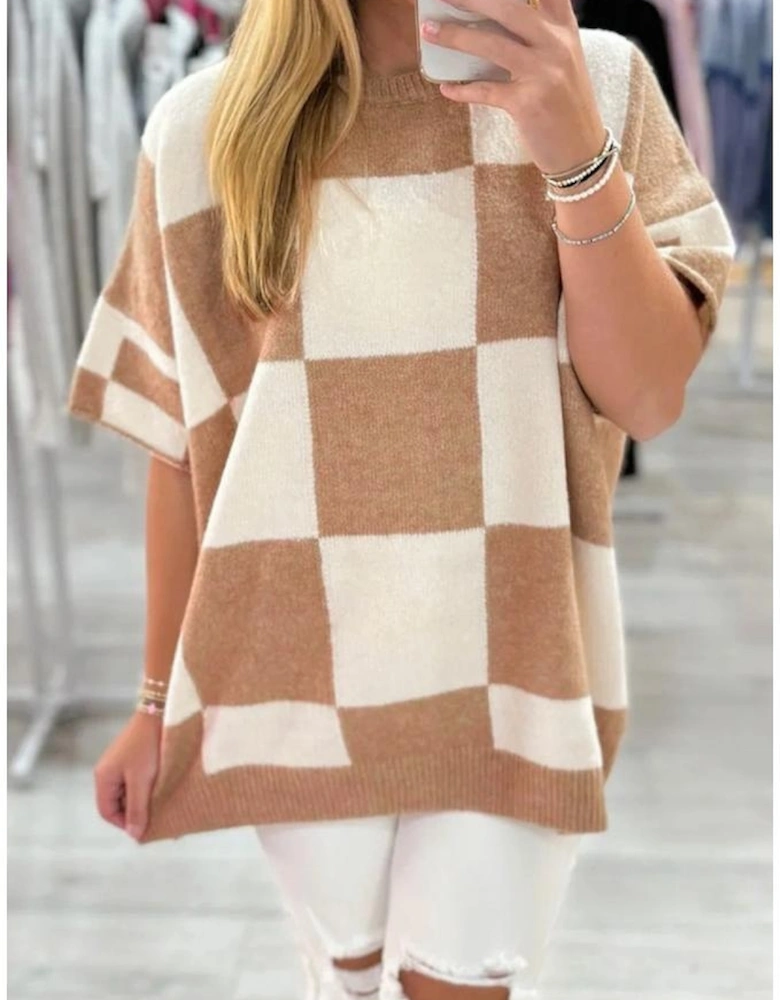 Light French Beige Checkered Pattern Loose Drop Shoulder Half Sleeve Sweater