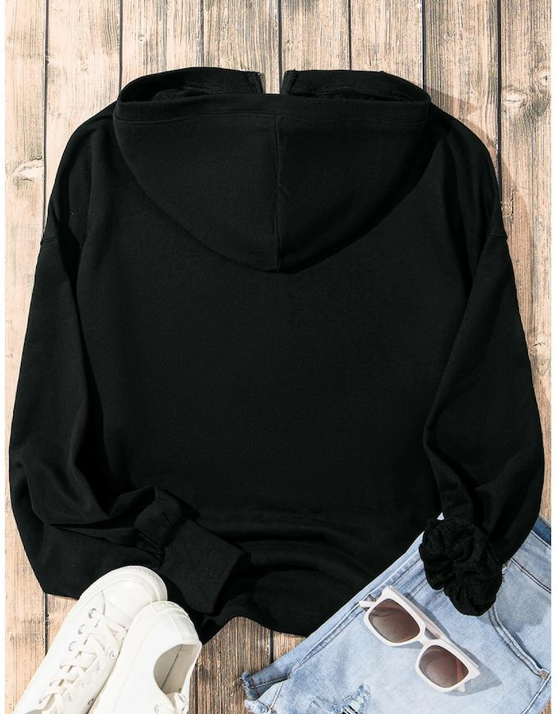Black Solid Kangaroo Pocket Half Zipper Oversized Hoodie, 16 of 15