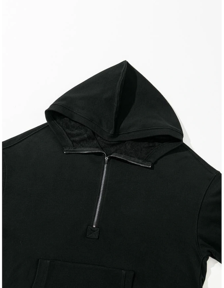 Black Solid Kangaroo Pocket Half Zipper Oversized Hoodie