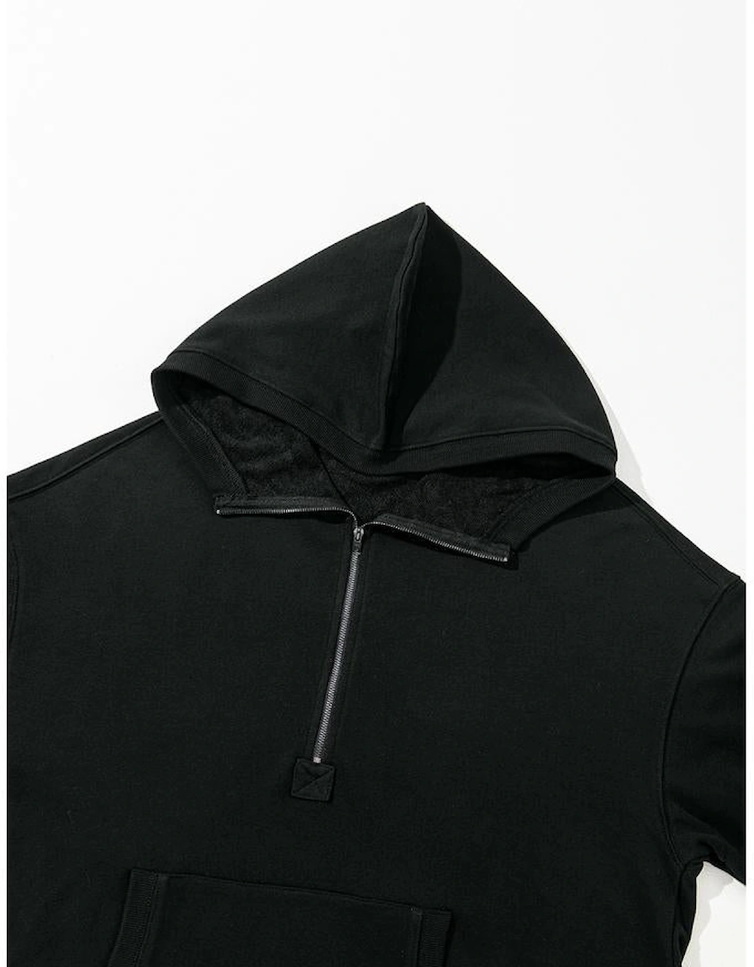 Black Solid Kangaroo Pocket Half Zipper Oversized Hoodie