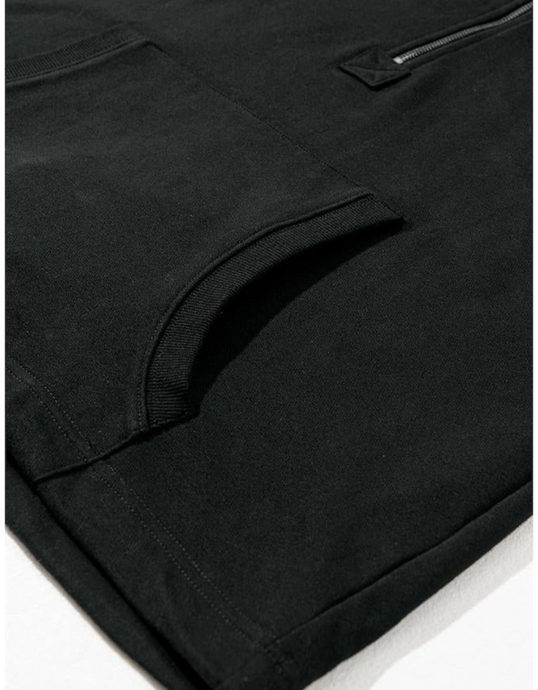 Black Solid Kangaroo Pocket Half Zipper Oversized Hoodie