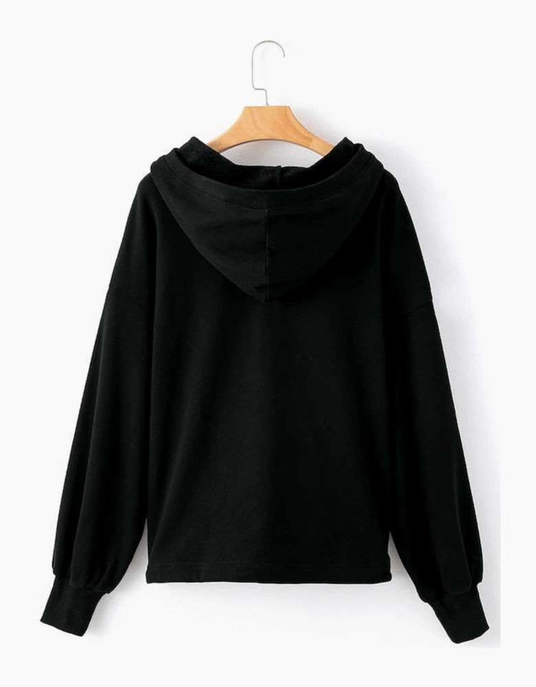 Black Solid Kangaroo Pocket Half Zipper Oversized Hoodie
