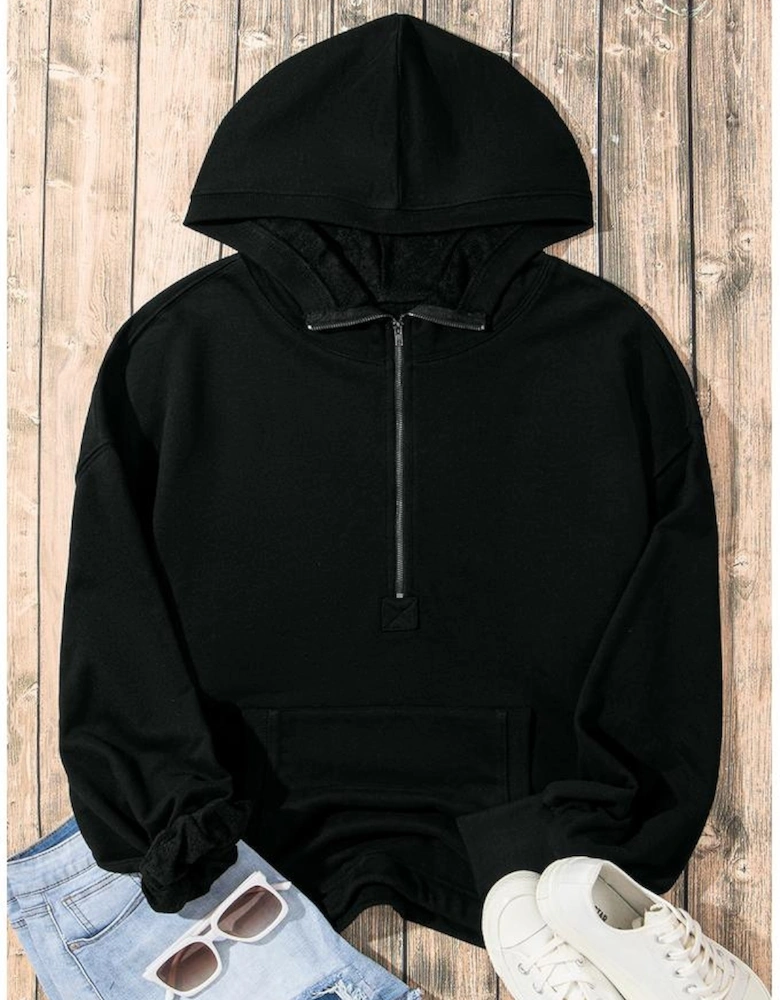 Black Solid Kangaroo Pocket Half Zipper Oversized Hoodie