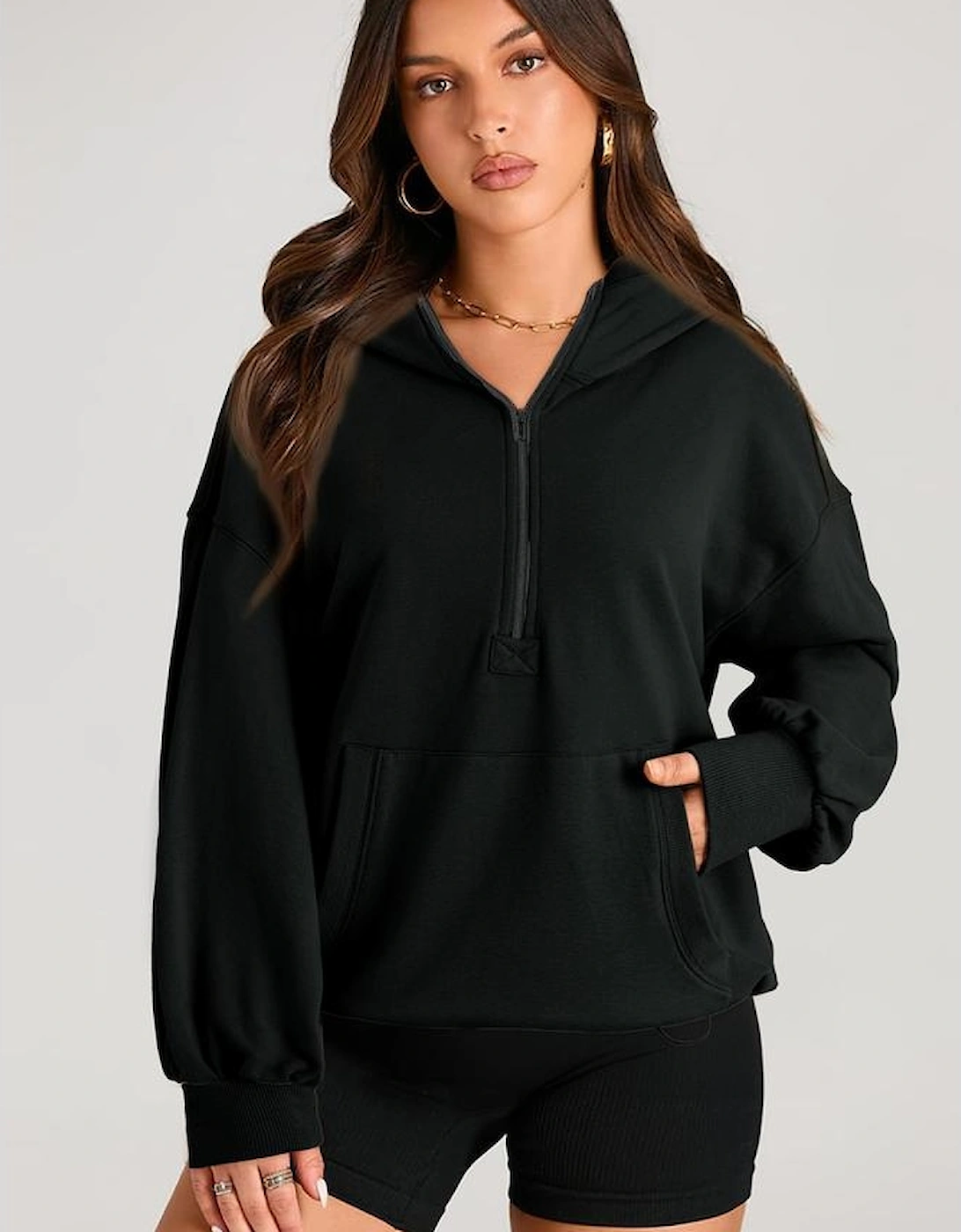 Black Solid Kangaroo Pocket Half Zipper Oversized Hoodie