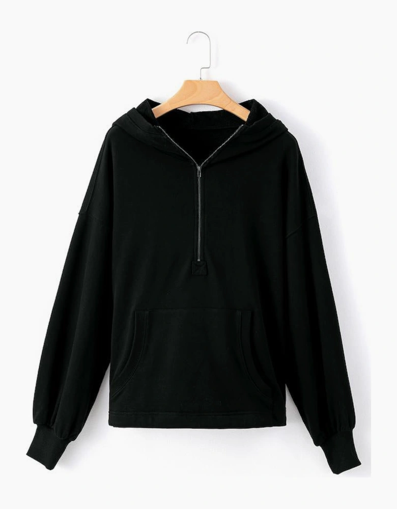 Black Solid Kangaroo Pocket Half Zipper Oversized Hoodie