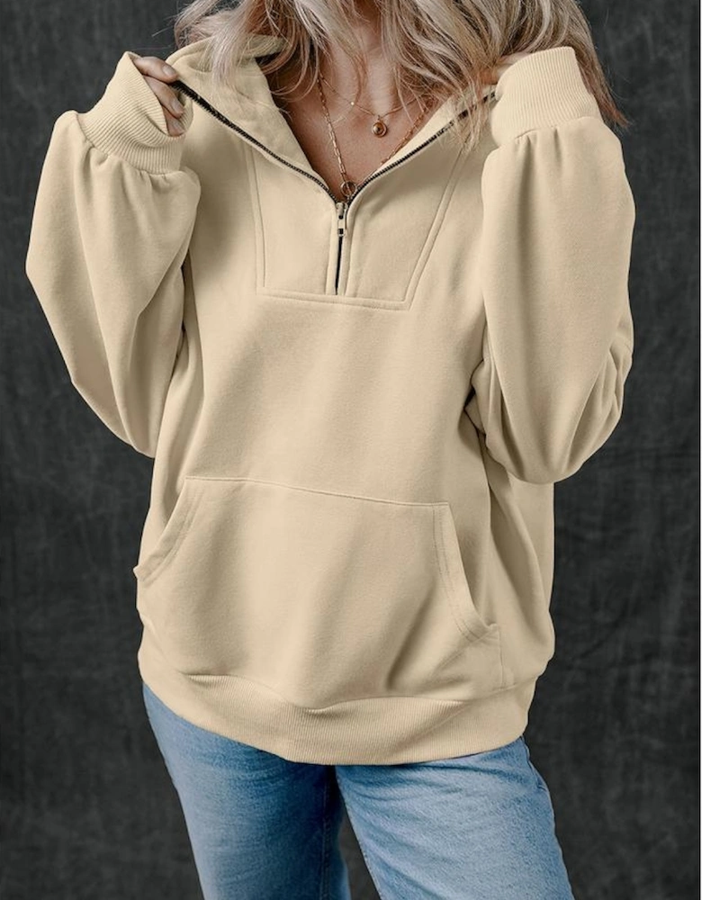 Smoke Gray Zip-up Stand Neck Kangaroo Pocket Sweatshirt