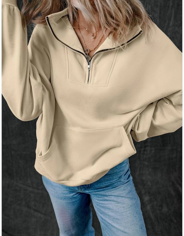 Smoke Gray Zip-up Stand Neck Kangaroo Pocket Sweatshirt