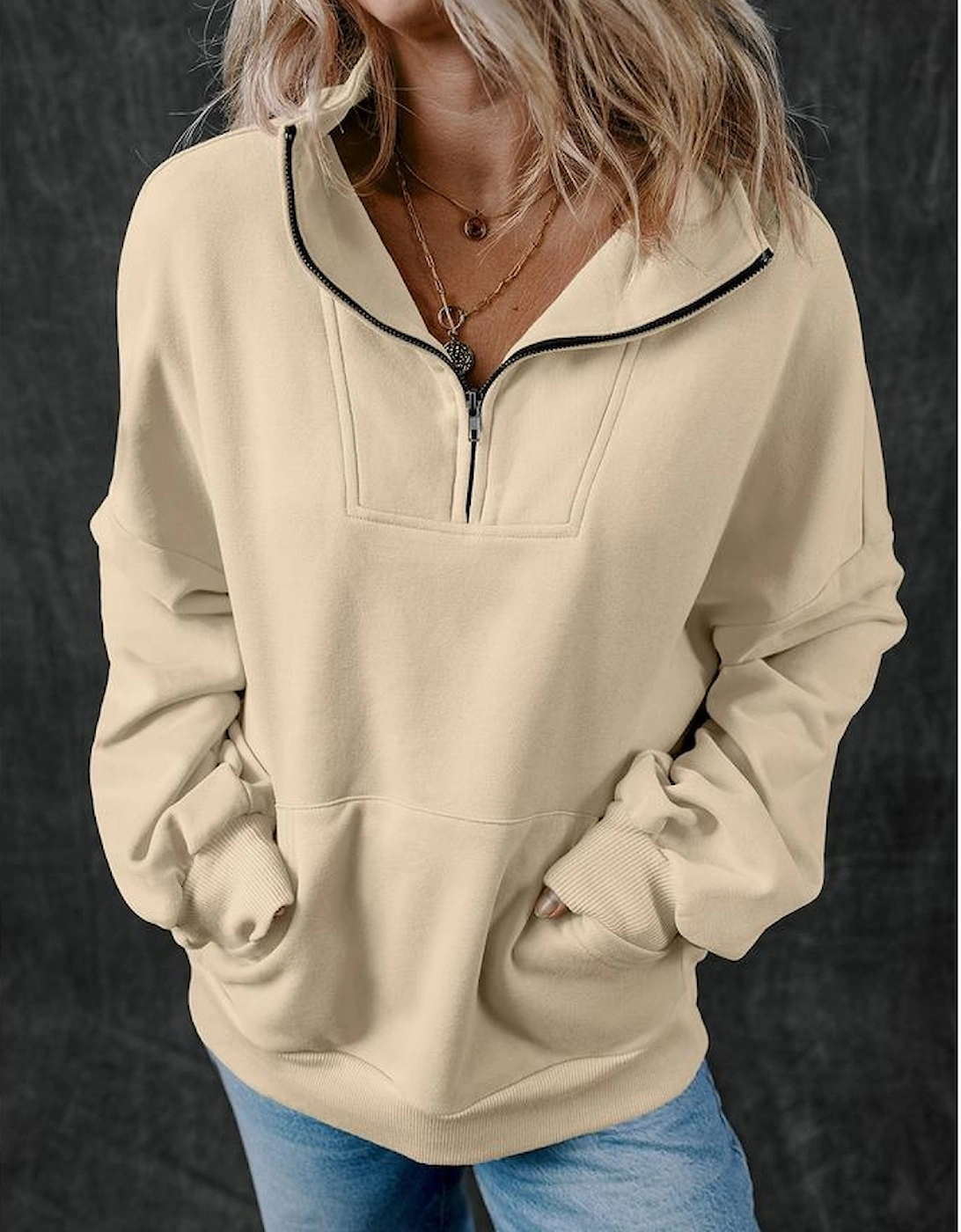 Smoke Gray Zip-up Stand Neck Kangaroo Pocket Sweatshirt