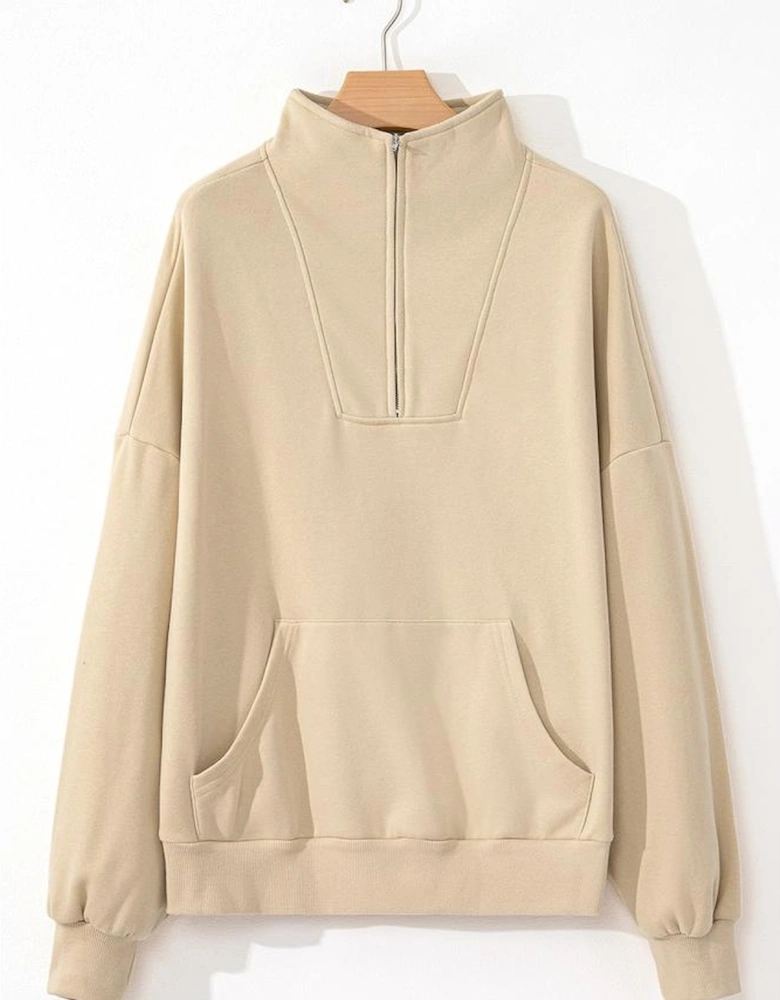 Smoke Gray Zip-up Stand Neck Kangaroo Pocket Sweatshirt