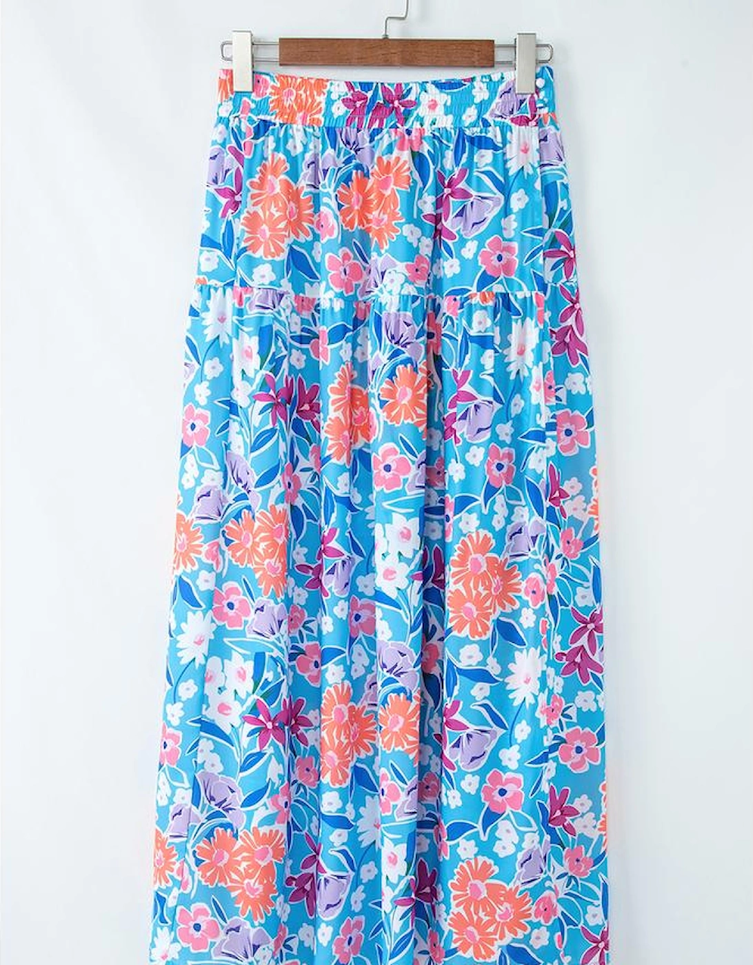 Sky Blue Floral Printed High Waist Split Wrap Long Skirt