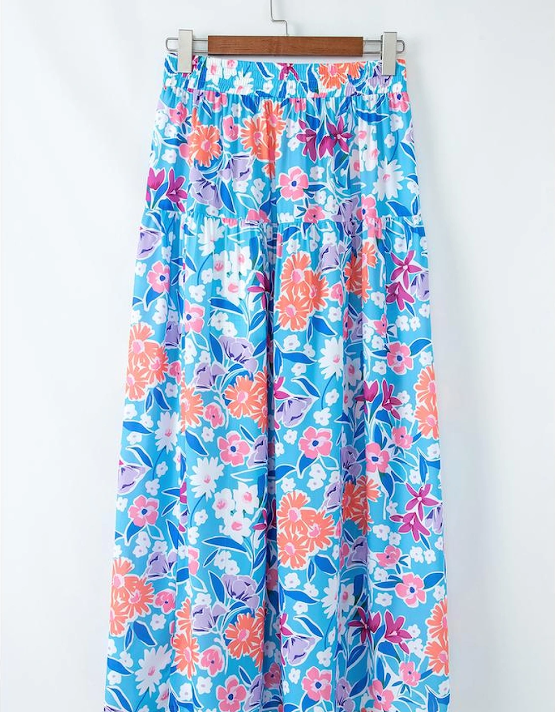 Sky Blue Floral Printed High Waist Split Wrap Long Skirt