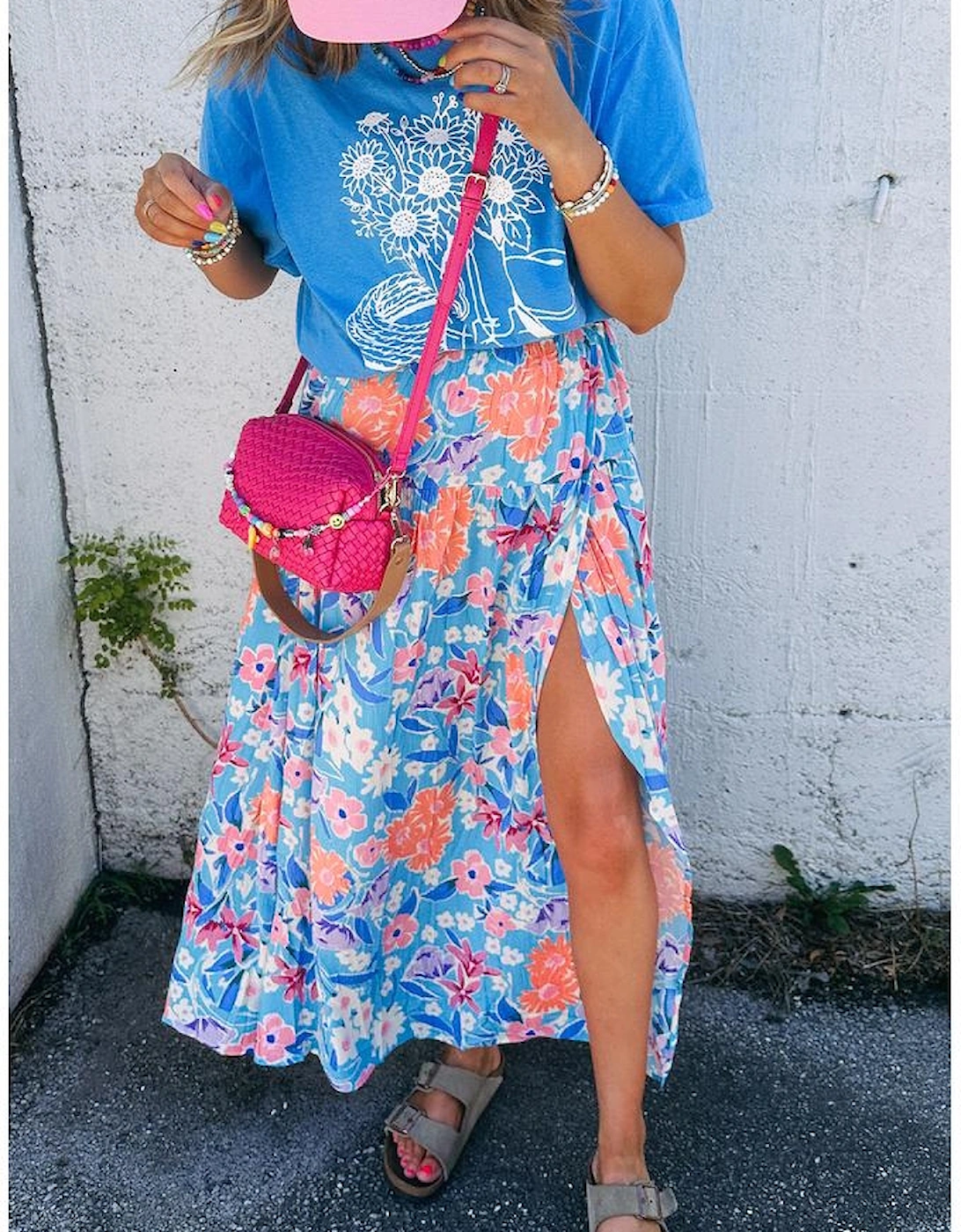 Sky Blue Floral Printed High Waist Split Wrap Long Skirt, 9 of 8