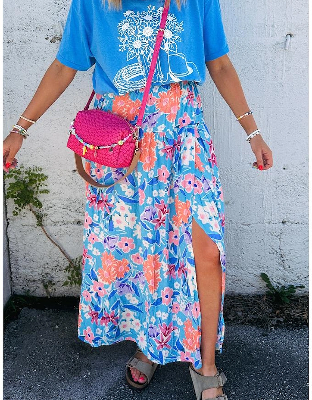 Sky Blue Floral Printed High Waist Split Wrap Long Skirt