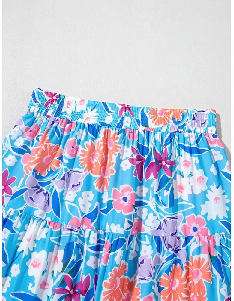 Sky Blue Floral Printed High Waist Split Wrap Long Skirt