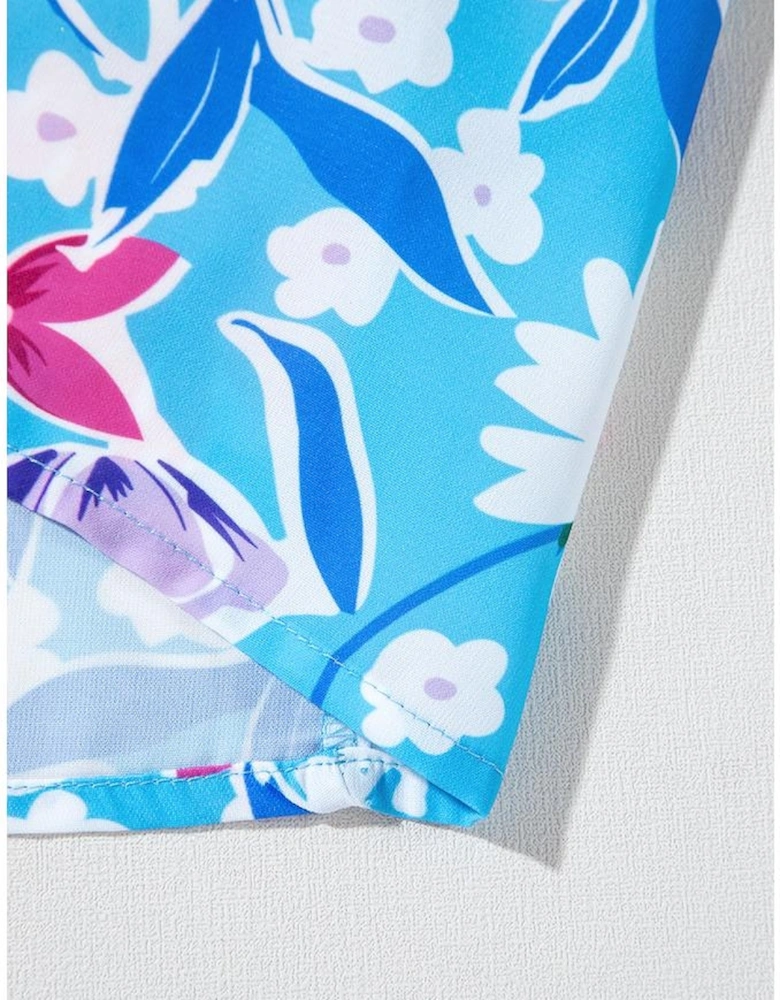 Sky Blue Floral Printed High Waist Split Wrap Long Skirt