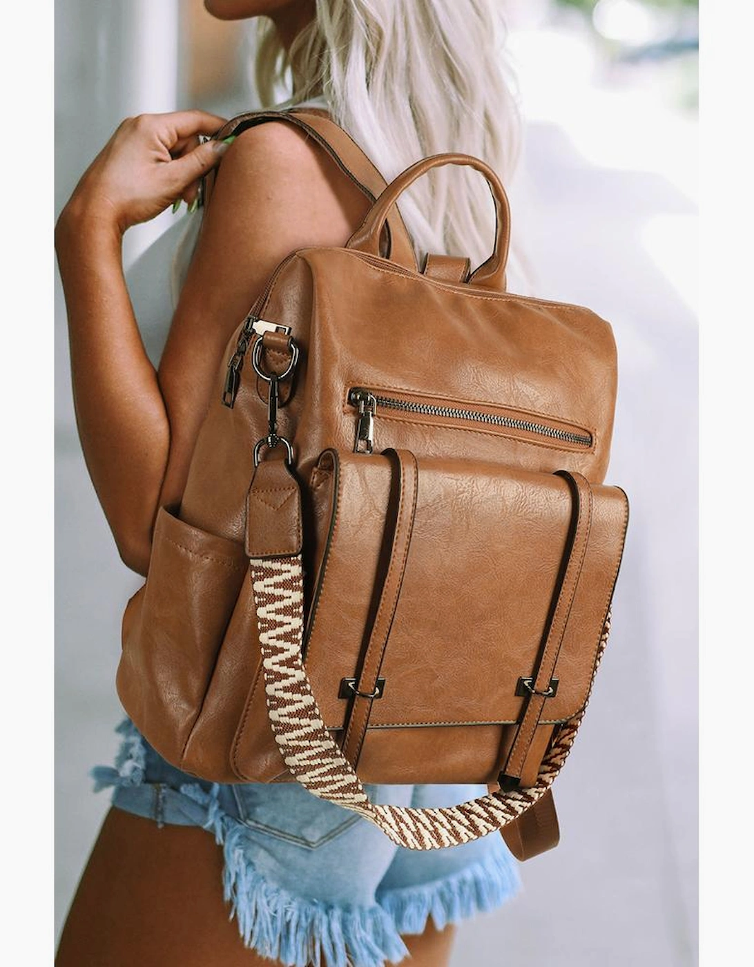 Camel Embroidered Strap Attached Large PU Leather Backpack