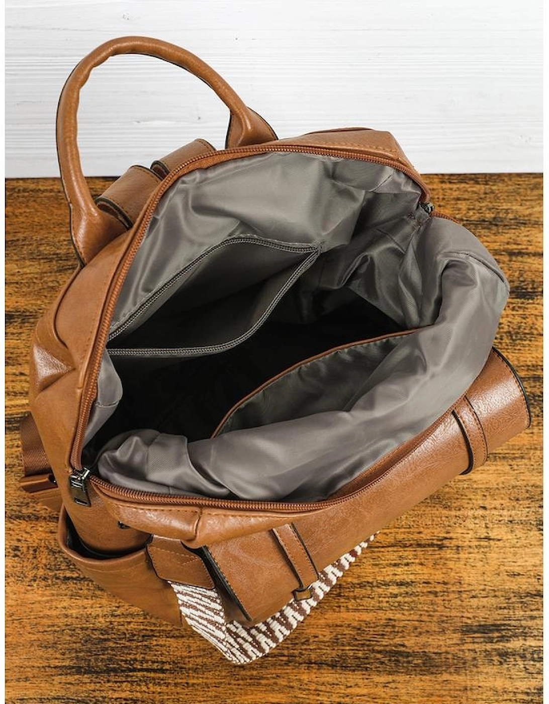 Camel Embroidered Strap Attached Large PU Leather Backpack