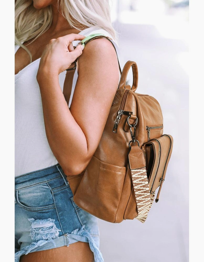 Camel Embroidered Strap Attached Large PU Leather Backpack