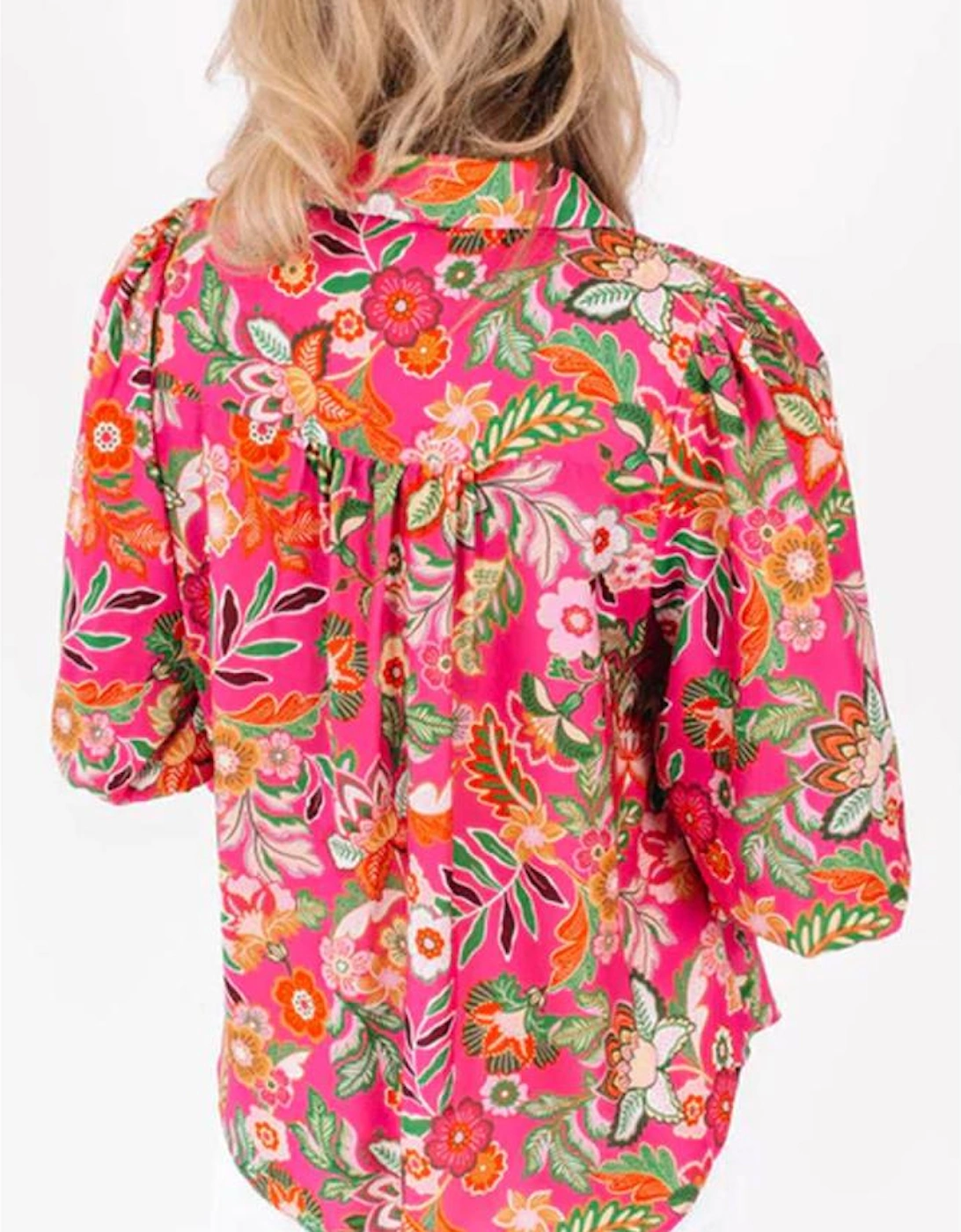 Strawberry Pink Floral Print Smocked Cuff Puff Sleeve Shirt