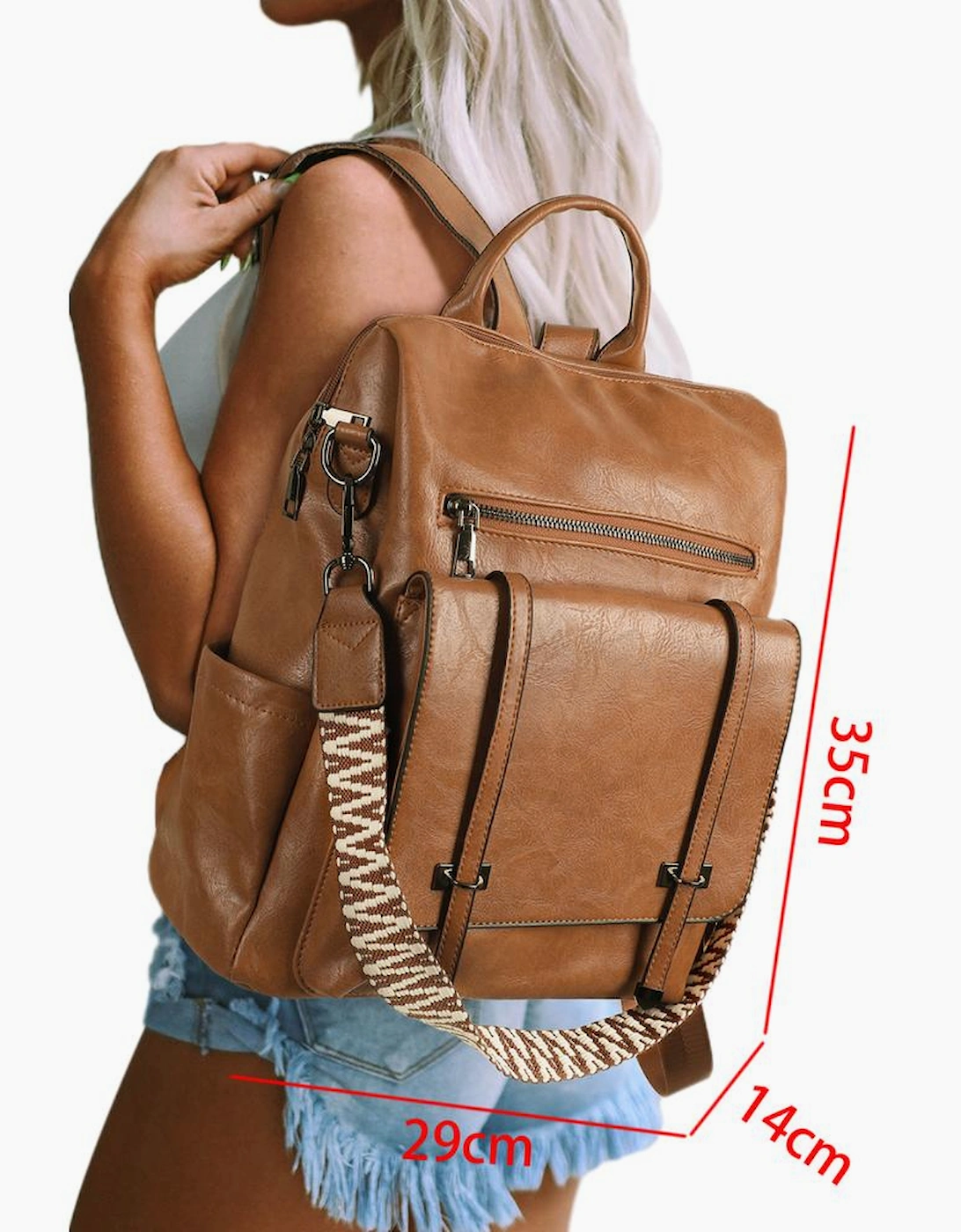 Camel Embroidered Strap Attached Large PU Leather Backpack