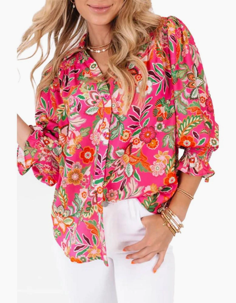 Strawberry Pink Floral Print Smocked Cuff Puff Sleeve Shirt