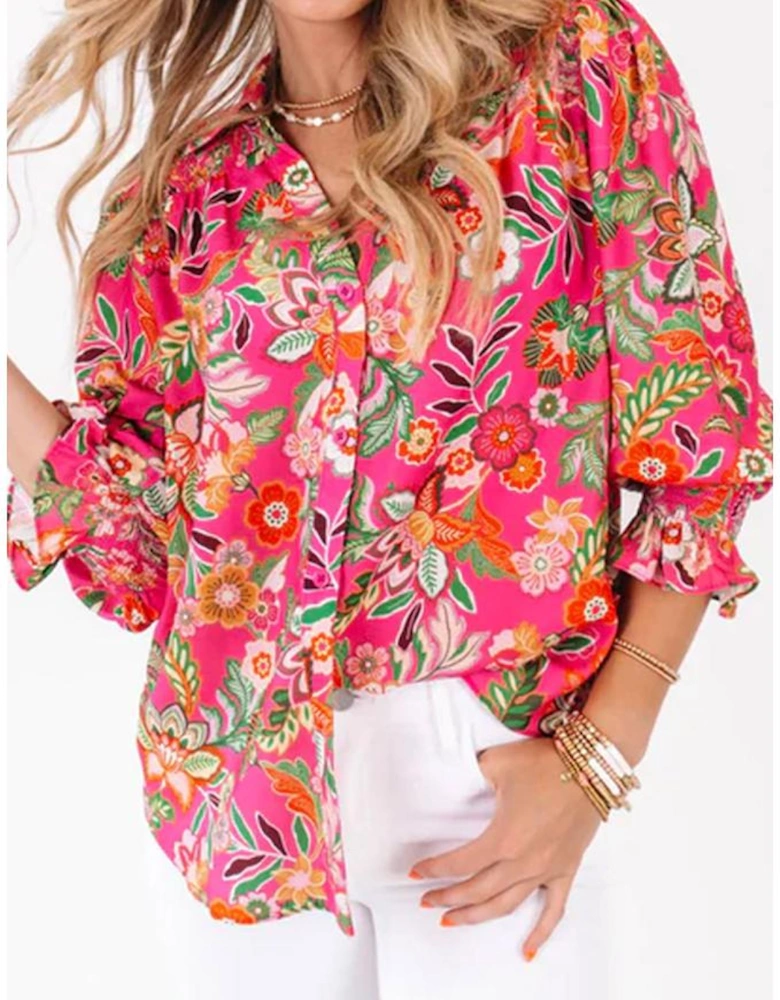 Strawberry Pink Floral Print Smocked Cuff Puff Sleeve Shirt