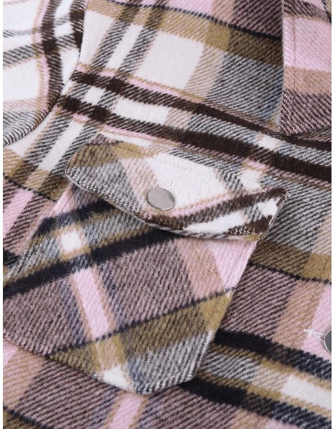 Pink Geometric Plaid Print Pocketed Shacket, 16 of 15