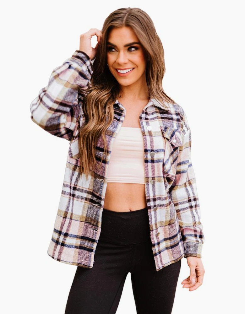 Pink Geometric Plaid Print Pocketed Shacket