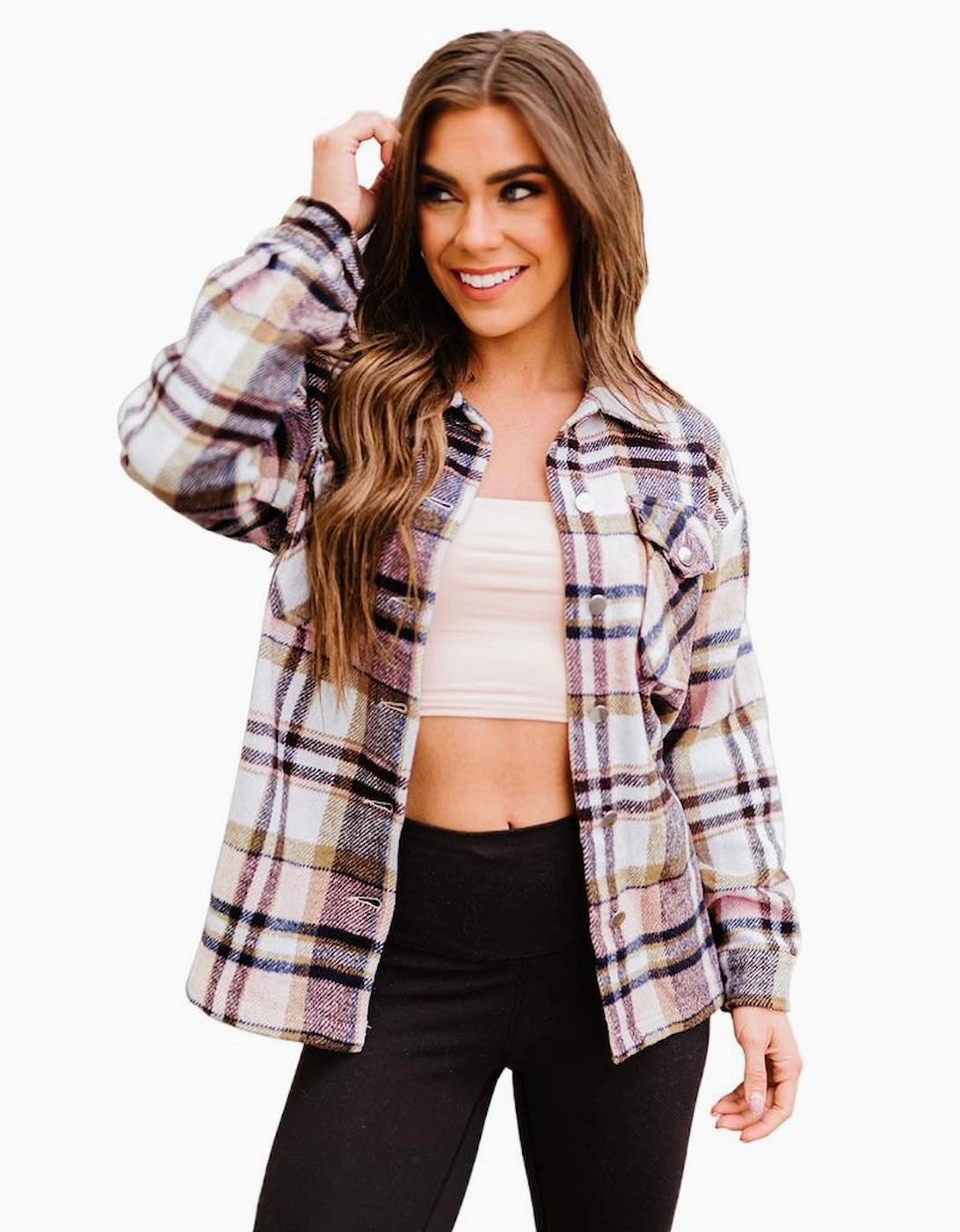 Pink Geometric Plaid Print Pocketed Shacket