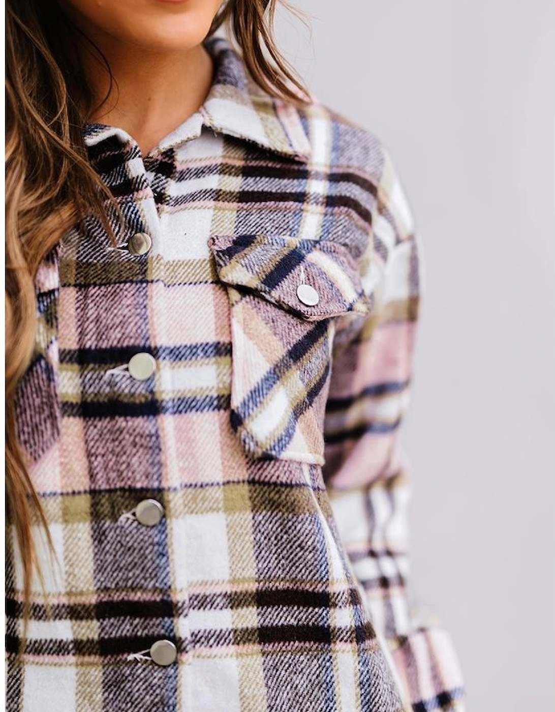 Pink Geometric Plaid Print Pocketed Shacket