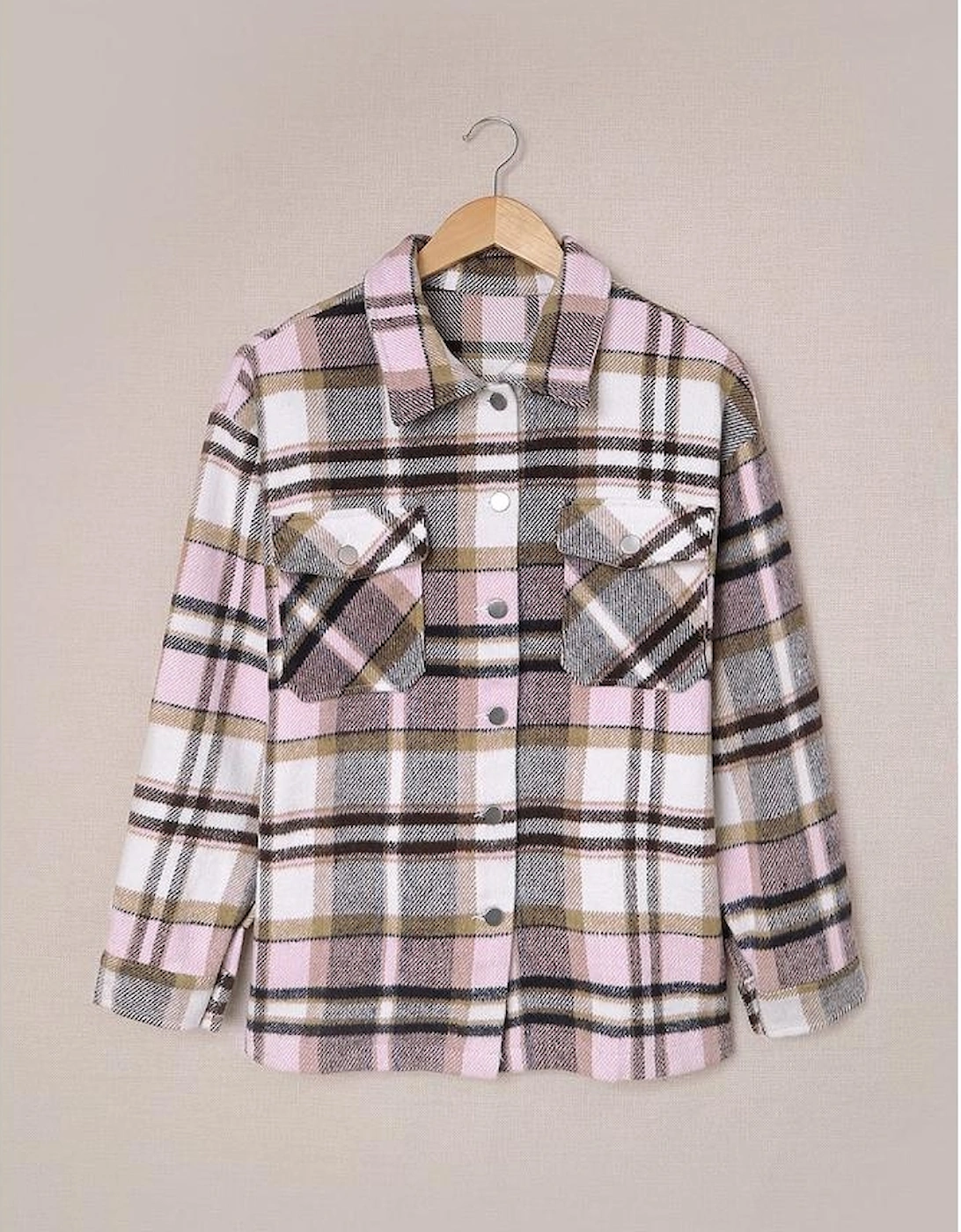 Pink Geometric Plaid Print Pocketed Shacket