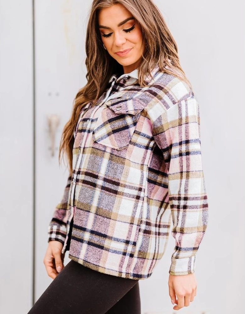 Pink Geometric Plaid Print Pocketed Shacket