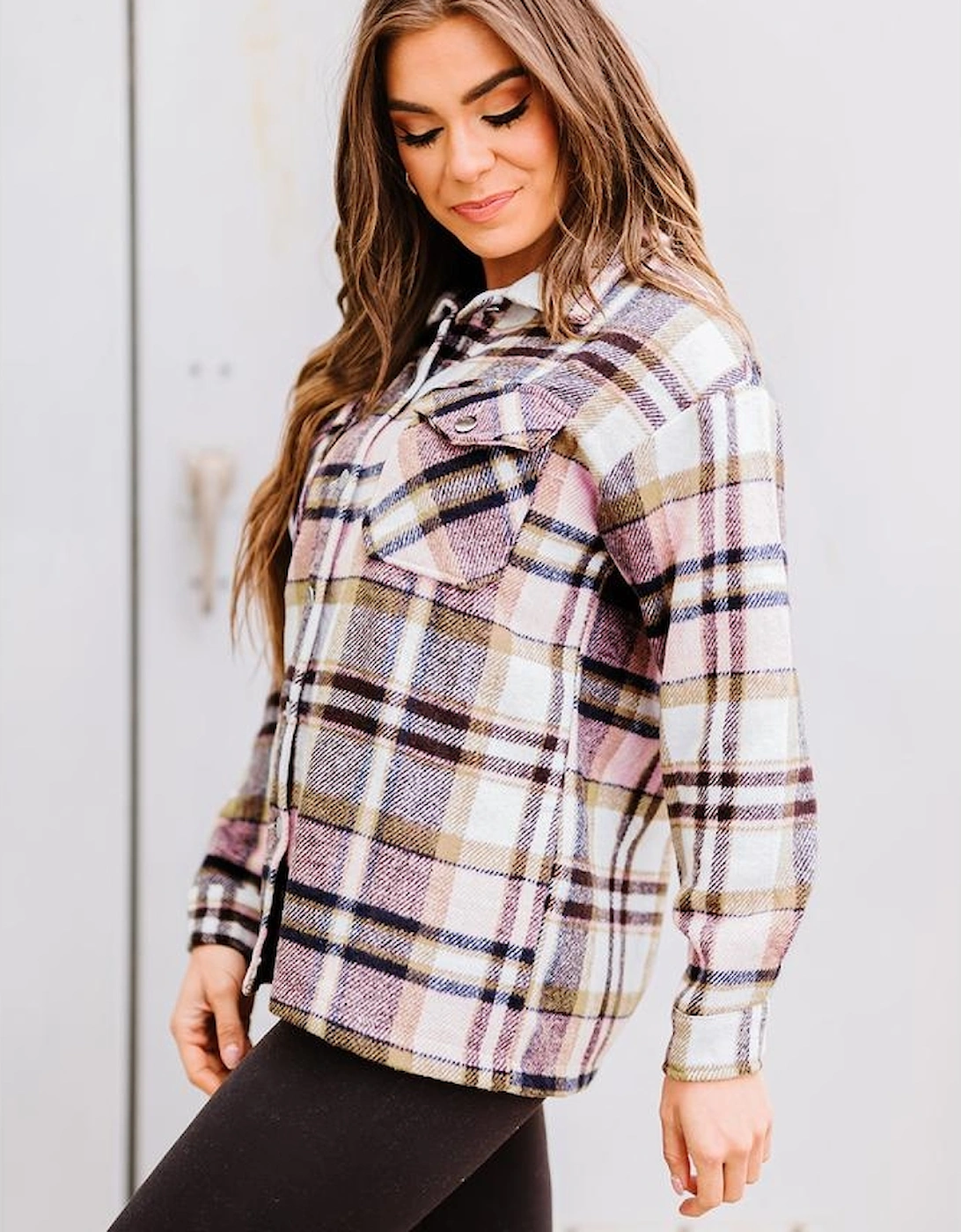 Pink Geometric Plaid Print Pocketed Shacket