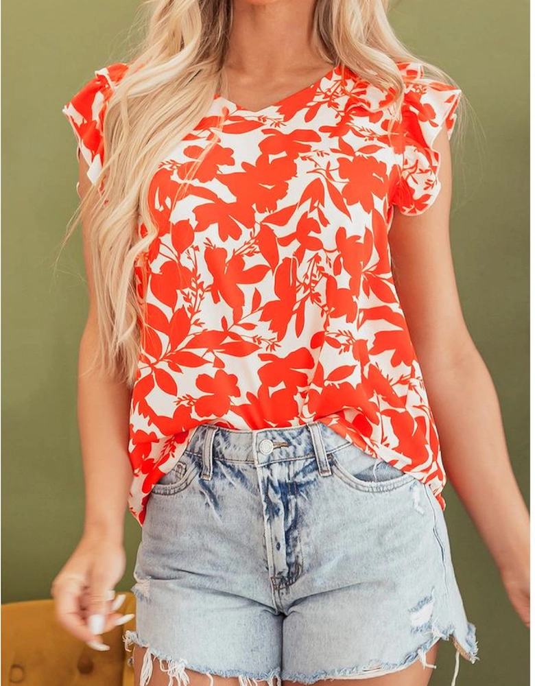 Orange Floral Ruffle Sleeve Print Top