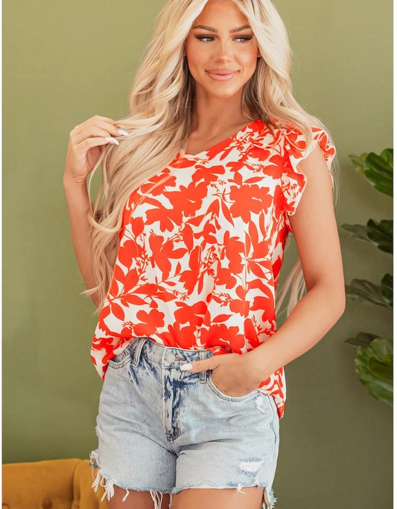 Orange Floral Ruffle Sleeve Print Top