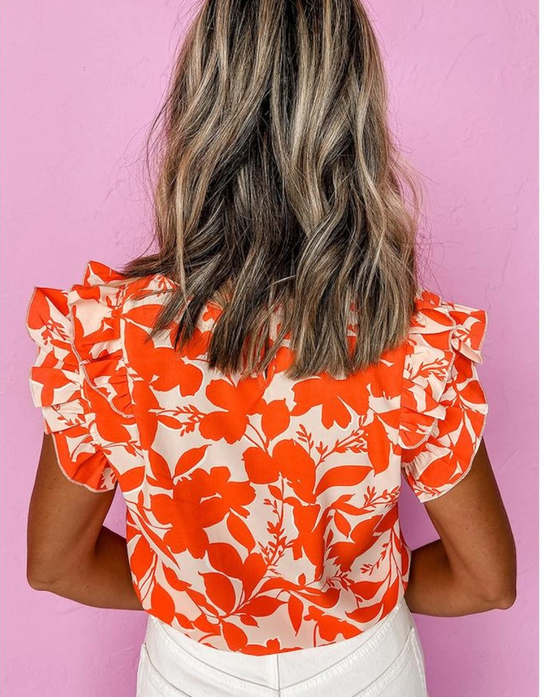 Orange Floral Ruffle Sleeve Print Top