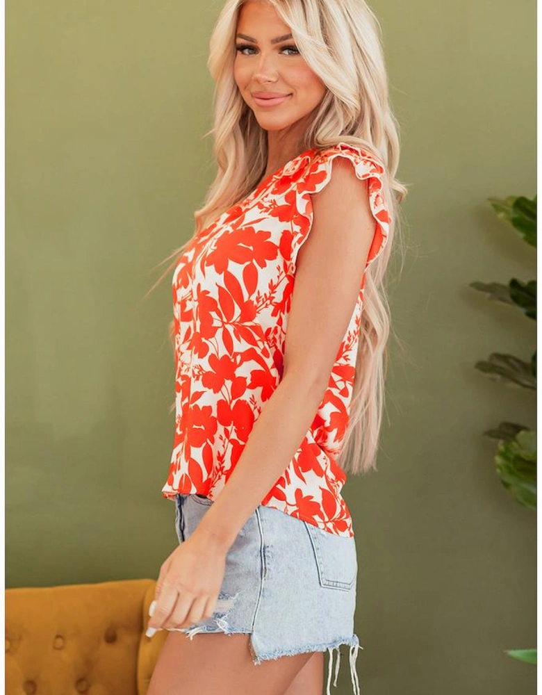 Orange Floral Ruffle Sleeve Print Top