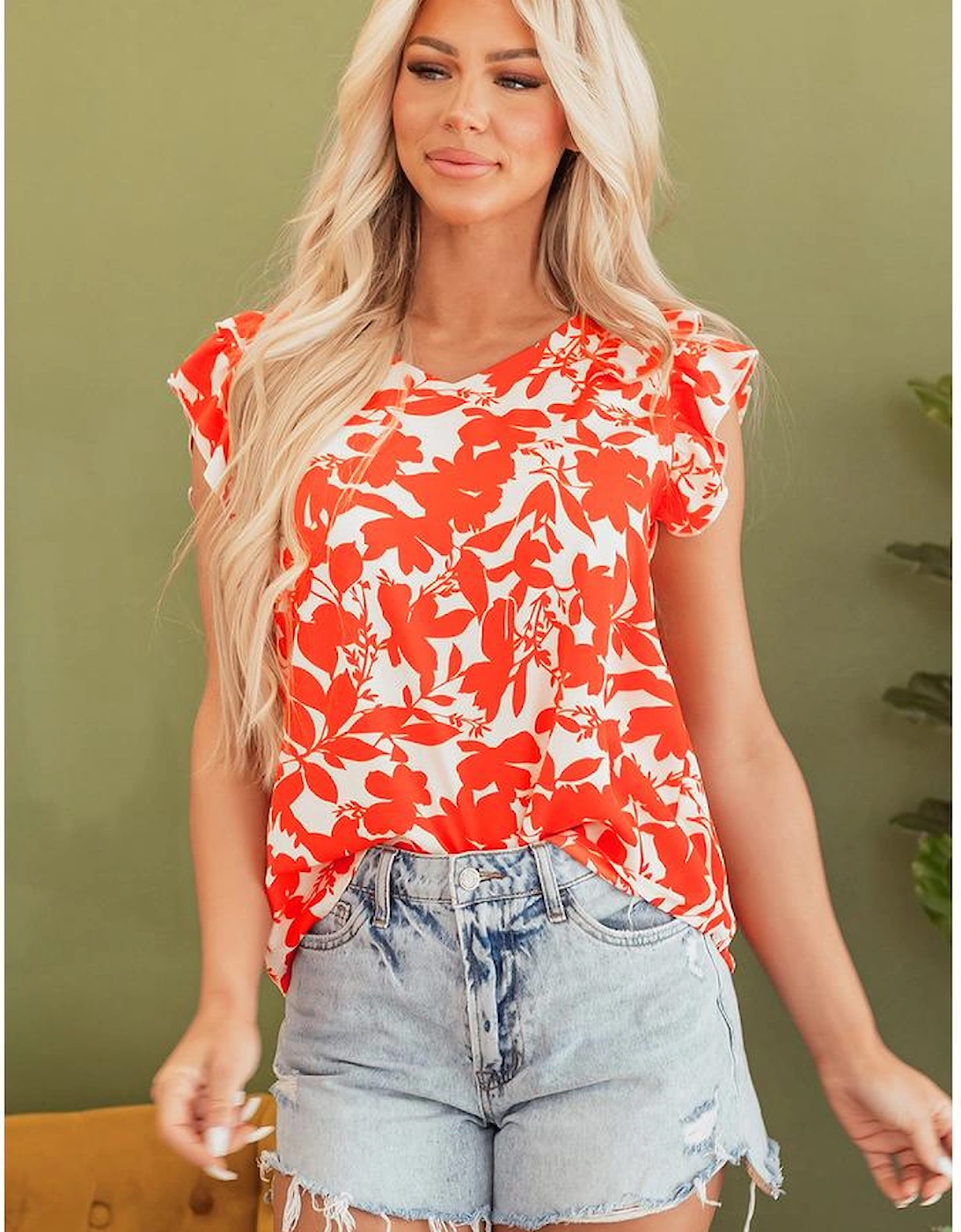 Orange Floral Ruffle Sleeve Print Top