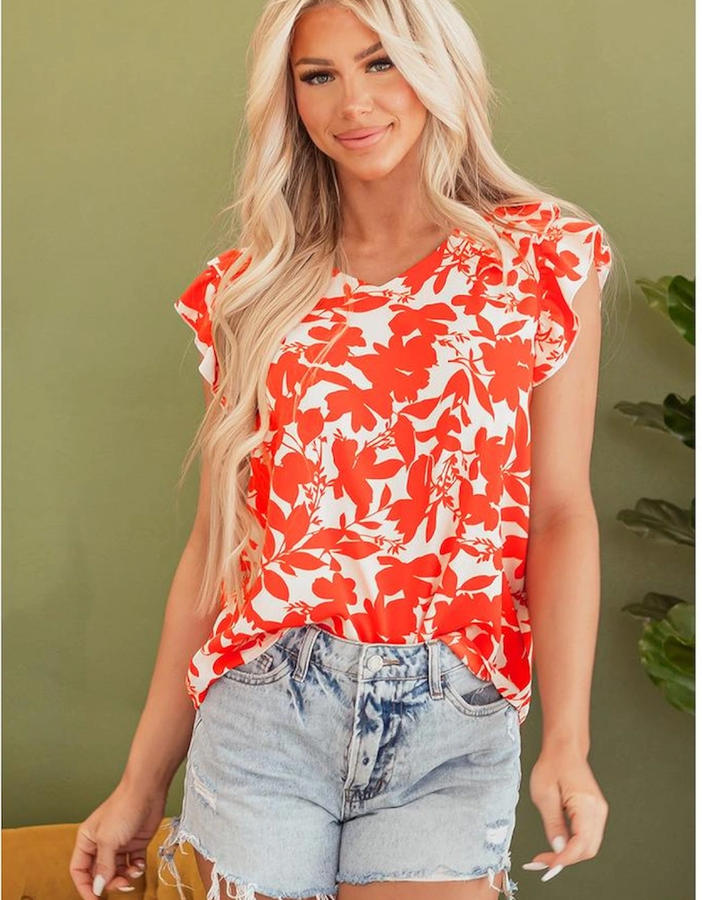 Orange Floral Ruffle Sleeve Print Top
