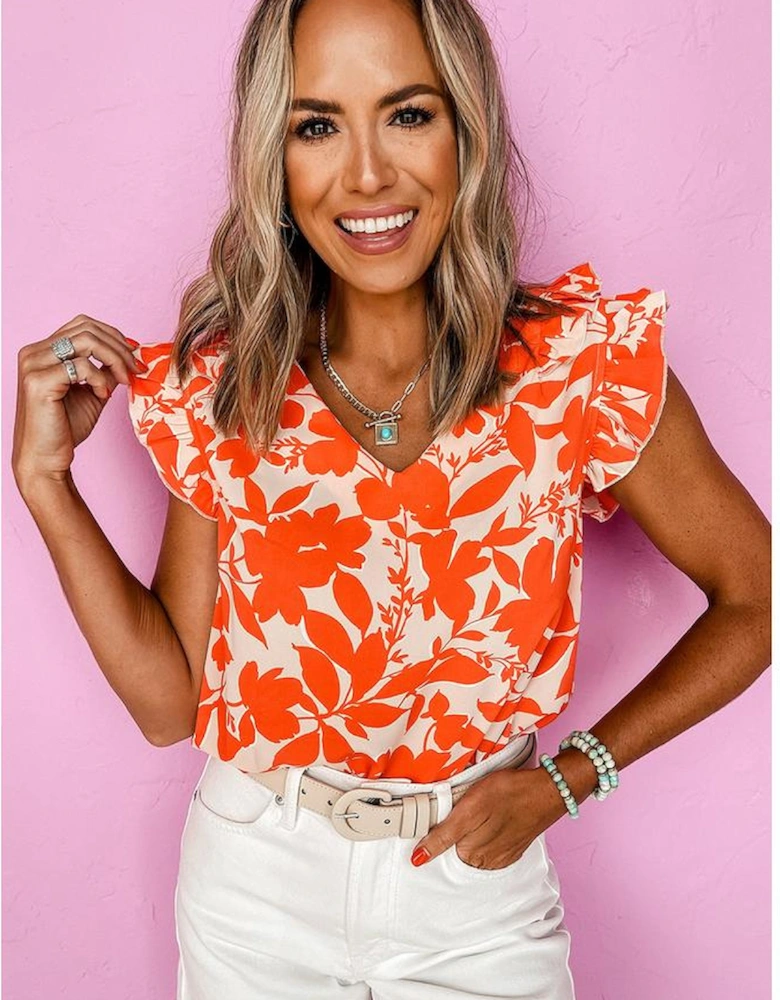 Orange Floral Ruffle Sleeve Print Top