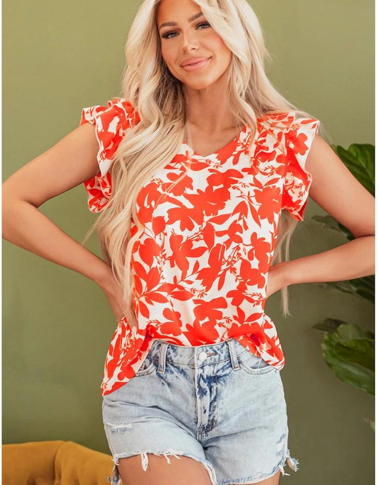 Orange Floral Ruffle Sleeve Print Top